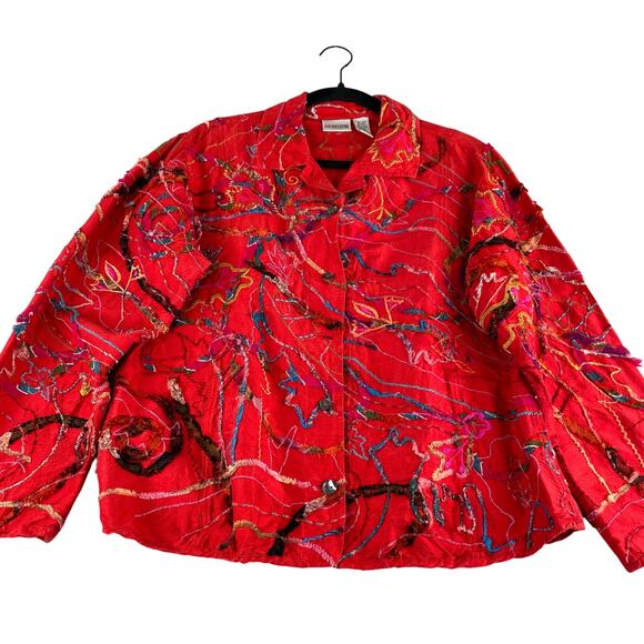 Chico's 100% Silk Red Button Down Blouse Embroidered artsy boho Size 2 (L/12) - Picture 1 of 13